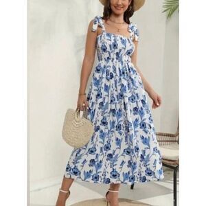 NWOT Haute Hippie Cottagecore Blue & White Floral Midi Smocked Dress Women's 2US
